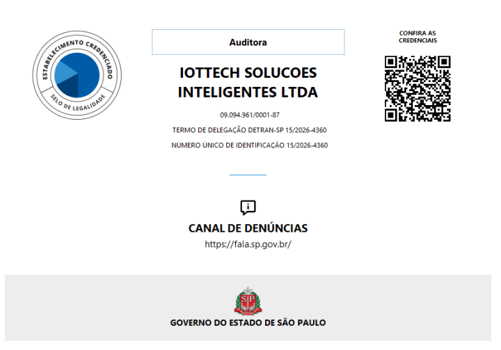 Placa de Identificação — Estabelecimento Credenciado DETRAN-SP · IOTTECH SOLUCOES INTELIGENTES LTDA